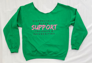 Ladies Green & Pink Support HBCU Off The Shoulder Sweatshirt
