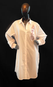 DST white button down blouse with Bling Greek Letters